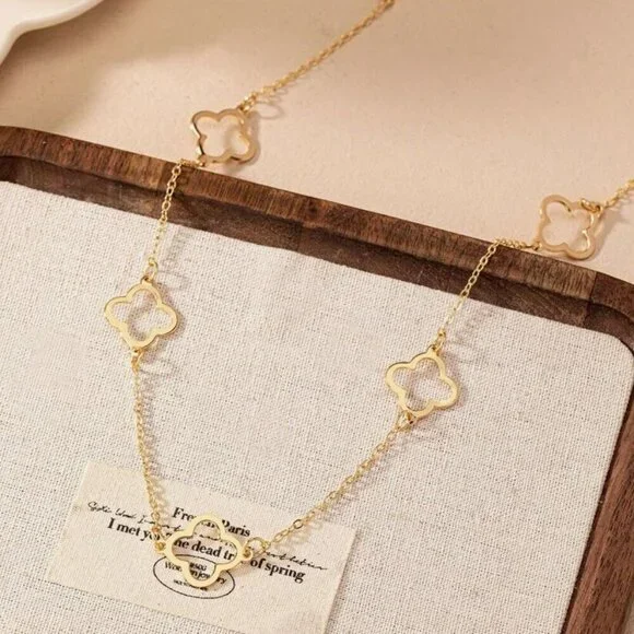 Four Leaf Clover Gold  Long  Necklace - Picture 3 of 6